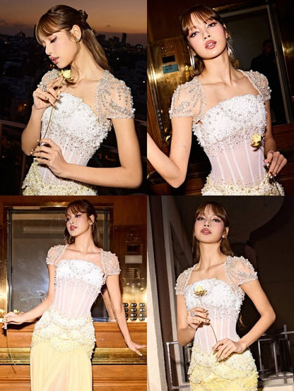 Beautiful Mermaid Strapless Maxi Long Party Yellow Silver Beaded Chiffon Prom Dresses Evening Dress RB1340