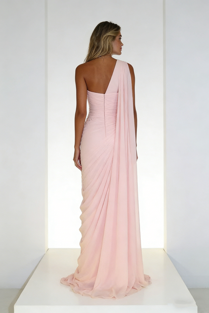Unique Mermaid One Shoulder Light Pink Chiffon Prom Dresses Long Party Dress 18th Birthday Outfits Prom Gown RB1344
