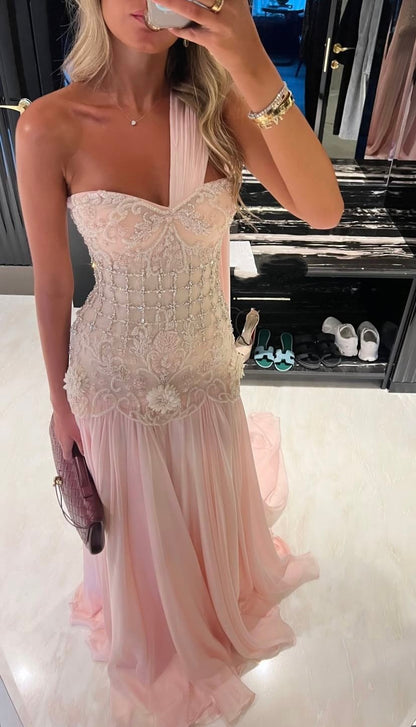 Exquisite Mermaid One Shoulder Pink Chiffon With Silver Beaded Prom Dresses Long Party Dress 18th Birthday Outfits Prom Gown RB1345