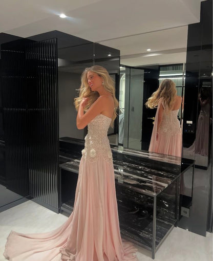 Exquisite Mermaid One Shoulder Pink Chiffon With Silver Beaded Prom Dresses Long Party Dress 18th Birthday Outfits Prom Gown RB1345