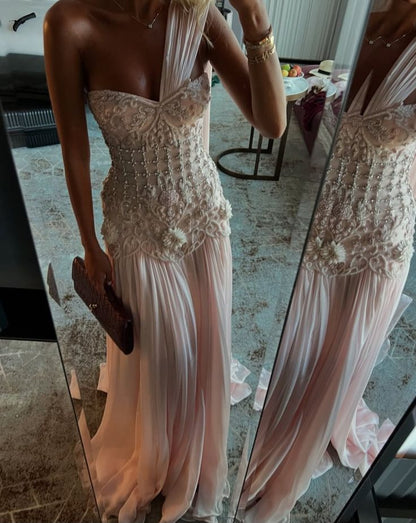 Exquisite Mermaid One Shoulder Pink Chiffon With Silver Beaded Prom Dresses Long Party Dress 18th Birthday Outfits Prom Gown RB1345