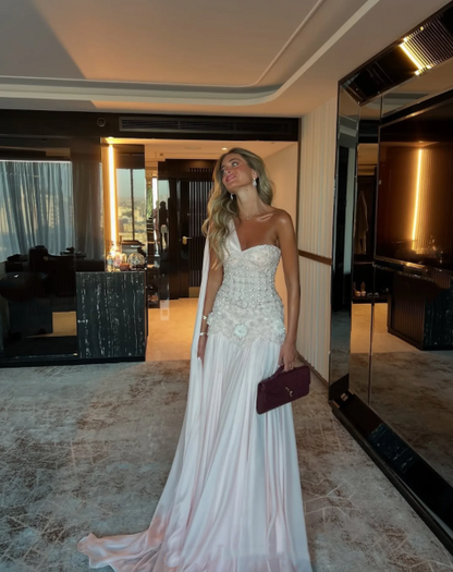 Luxurious Mermaid One Shoulder Pink Chiffon Sleeveless Beadings Floor Length Prom Dress Graduation Gown N889