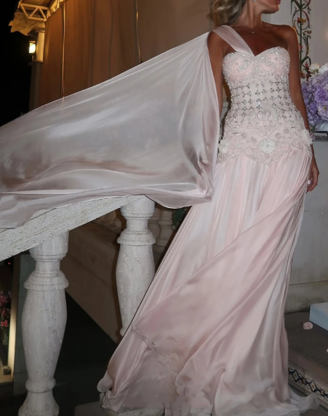 Luxurious Mermaid One Shoulder Pink Chiffon Sleeveless Beadings Floor Length Prom Dress Graduation Gown N889