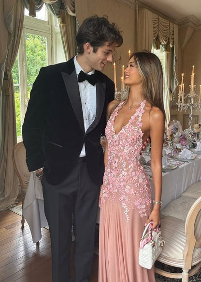 Beautiful Mermaid Halter Pink Maxi Long Party Lace Beaded Chiffon Prom Dresses Evening Dress RB1346