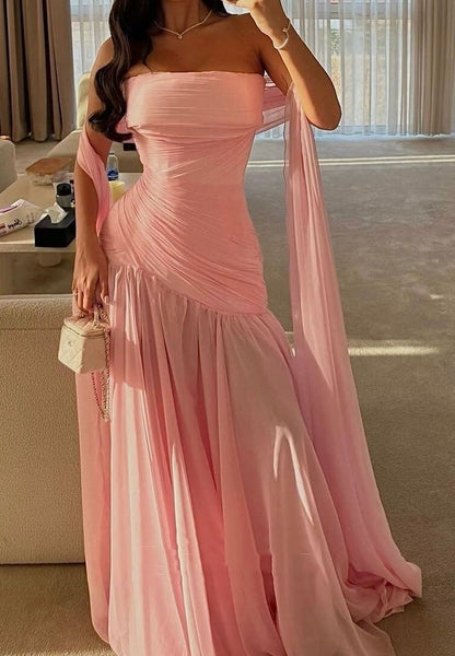 Modest Mermaid Strapless Blue Sleeveless Chiffon Long Prom Dresses With Pleated Inspo Prom Gown RB1348