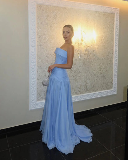 Modest Mermaid Strapless Blue Sleeveless Chiffon Long Prom Dresses With Pleated Inspo Prom Gown RB1348