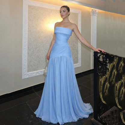 Modest Mermaid Strapless Blue Sleeveless Chiffon Long Prom Dresses With Pleated Inspo Prom Gown RB1348