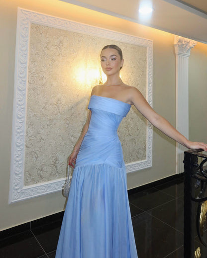 Modest Mermaid Strapless Blue Sleeveless Chiffon Long Prom Dresses With Pleated Inspo Prom Gown RB1348