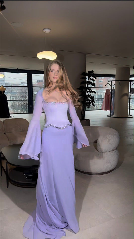 Chic Mermaid Spaghetti Straps Lilac Pleated Sleeveless Chiffon Long Prom Dresses With Scarf Inspo Prom Gown RB1349