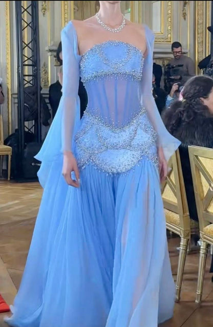 Elegant Mermaid Strapless Maxi Long Party Light Blue Chiffon Beaded Prom Dresses Evening Dress RB1350