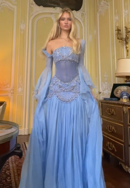 Elegant Mermaid Strapless Maxi Long Party Light Blue Chiffon Beaded Prom Dresses Evening Dress RB1350