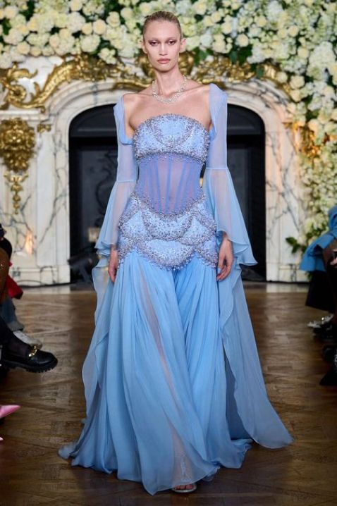 Elegant Mermaid Strapless Maxi Long Party Light Blue Chiffon Beaded Prom Dresses Evening Dress RB1350