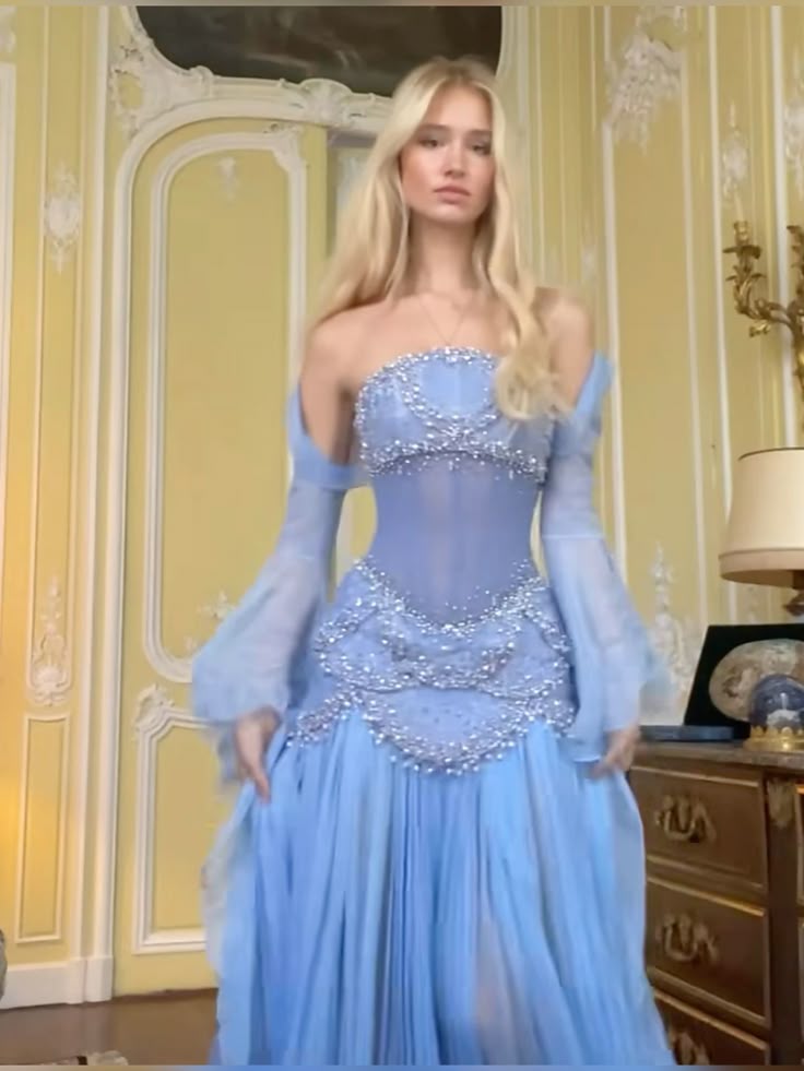 Elegant Mermaid Strapless Maxi Long Party Light Blue Chiffon Beaded Prom Dresses Evening Dress RB1350
