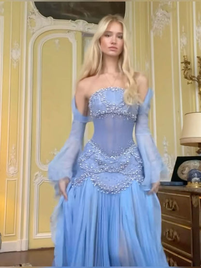 Elegant Mermaid Strapless Maxi Long Party Light Blue Chiffon Beaded Prom Dresses Evening Dress RB1350