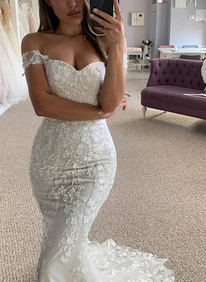 Luxury Mermaid Off The Shoulder Fitted Tulle Corset White Lace Wedding Dress Long Bridal Gown Wedding Dresses RB1352
