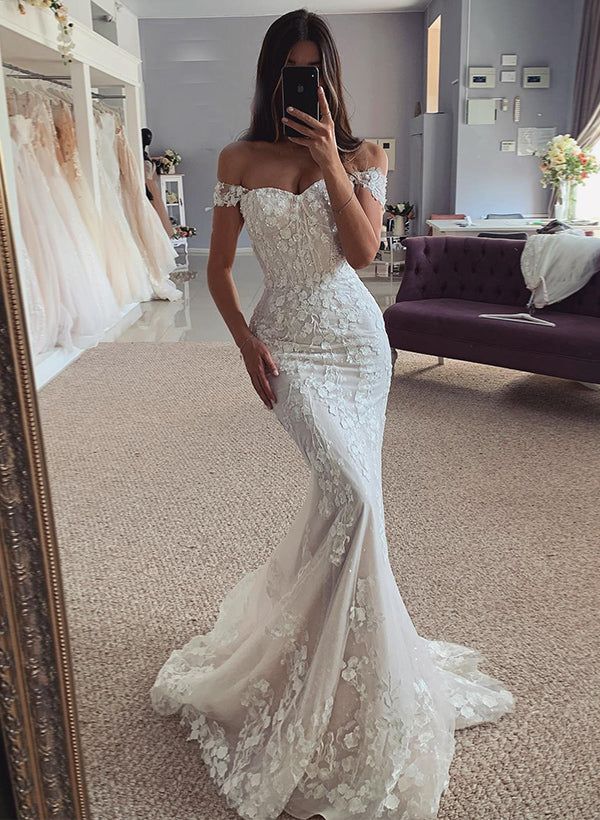 Luxury Mermaid Off The Shoulder Fitted Tulle Corset White Lace Wedding Dress Long Bridal Gown Wedding Dresses RB1352