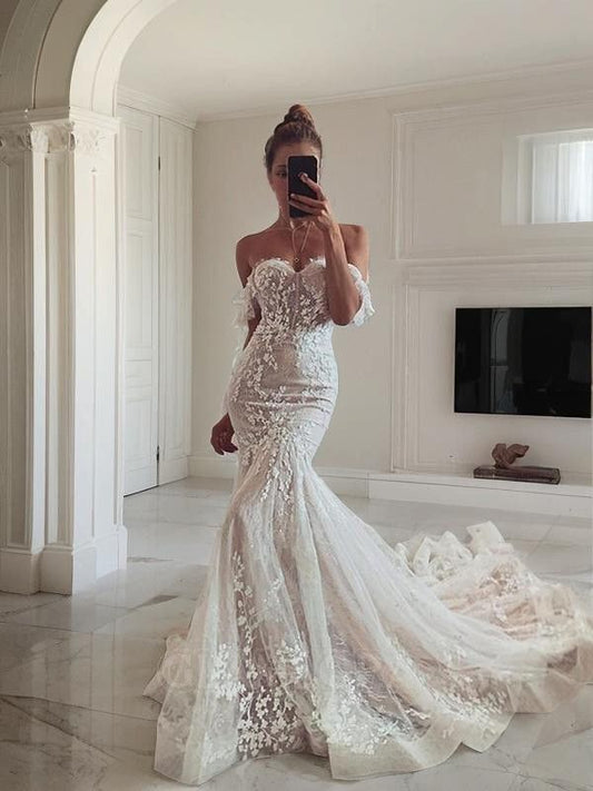 Romantic Mermaid Off The Shoulder Fitted Tulle Corset White Lace Wedding Dress Long Bridal Gown Wedding Dresses RB1353