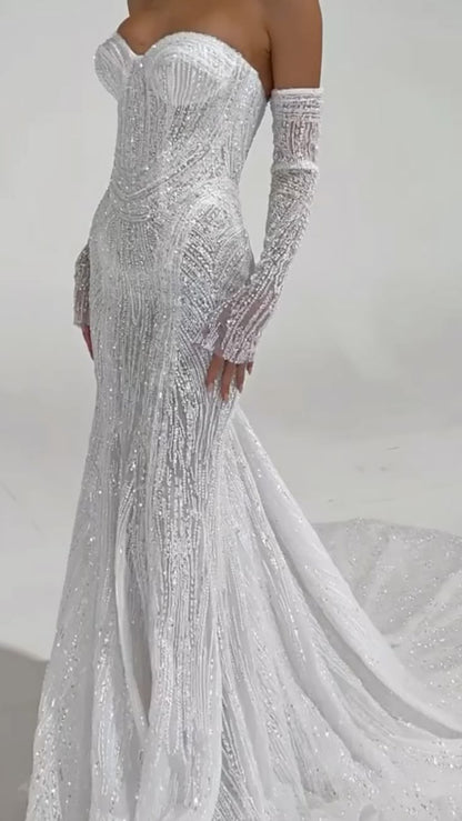 Sparkly Mermaid Sweetheart White Sequin Beaded Corset Wedding Dress Long Bridal Gown Wedding Dresses RB1354