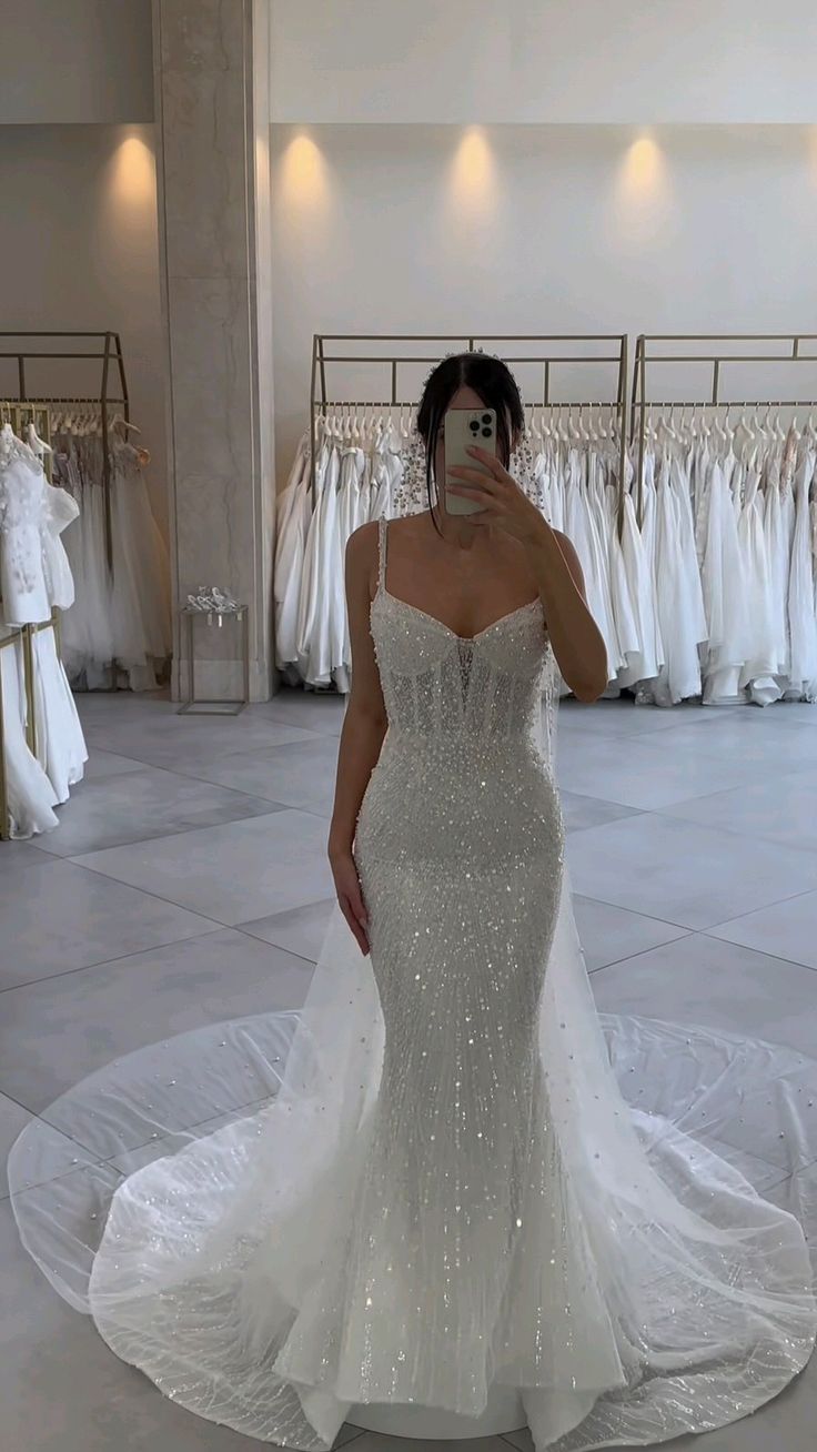 Sparkly Mermaid Spaghetti Straps White Sequin Beaded Corset Wedding Dress Long Bridal Gown Wedding Dresses RB1356