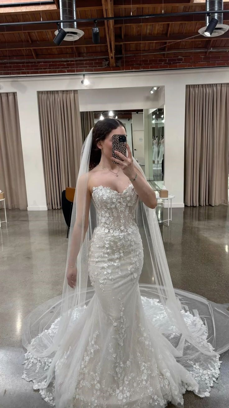 Beautiful Mermaid Sweetheart White Lace Appliqued Corset Wedding Dress Long Bridal Gown Wedding Dresses RB1357