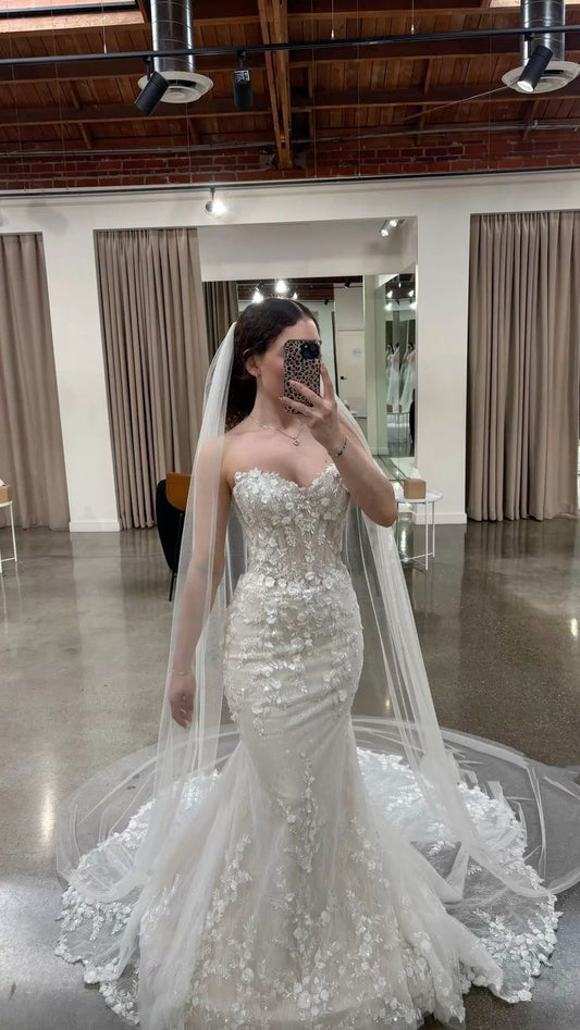 Beautiful Mermaid Sweetheart White Lace Appliqued Corset Wedding Dress Long Bridal Gown Wedding Dresses RB1357