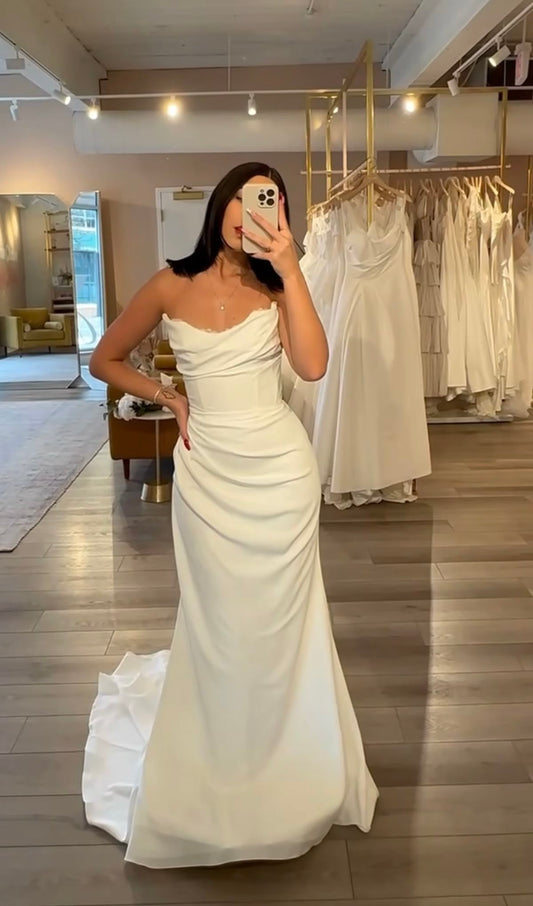 Beautiful Mermaid Sweetheart White Pleated Ruffles Corset Wedding Dress Long Bridal Gown Wedding Dresses RB1359