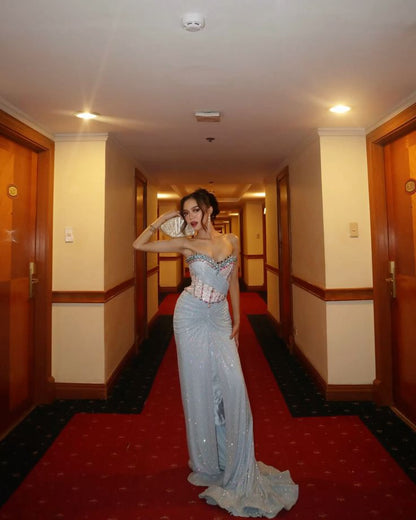 Chic Mermaid Sweetheart Light Sky Blue Silver Beaded Long Prom Dresses Inspo Prom Gown RB1369