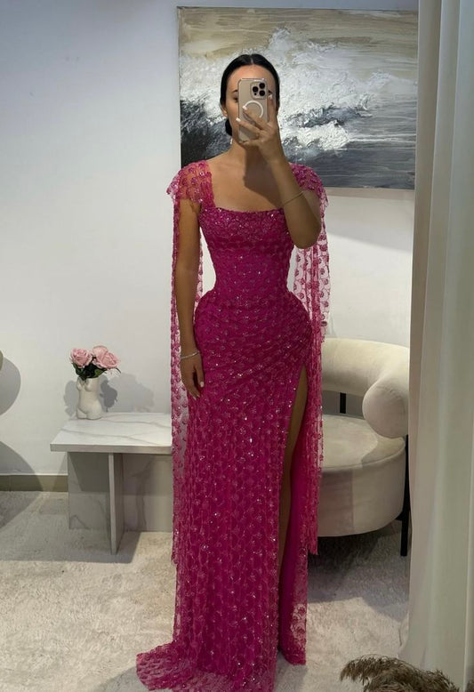 Exquisite Mermaid Square Neck Hot Pink Sequin With Beaded Prom Dresses Long Party Dress 18th Birthday Outfits Prom Gown RB1372