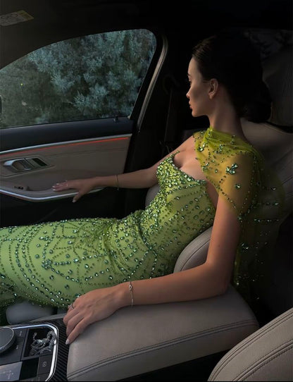 Shiny Mermaid Strapless Green Sequins Sleeveless Silver Beads Long Prom Dresses With Scarf Inspo Prom Gown RB1376
