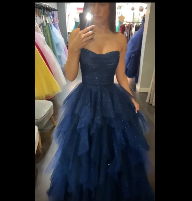 Classy Ball Gown Strapless Navy Blue Tulle Prom Dresses Party Dress 21st Birthday Outfits Senior Graduation Dress RB836