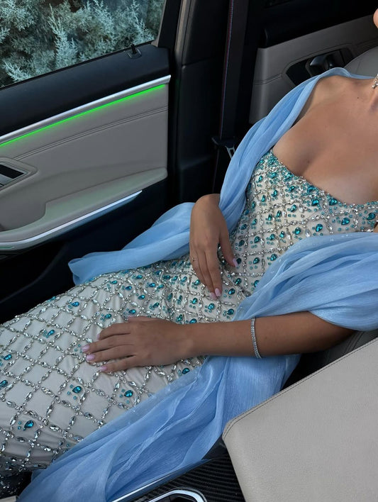 Chic Mermaid Strapless Neck Champagne Blue Silver Beaded Long Prom Dresses Inspo Prom Gown RB1377