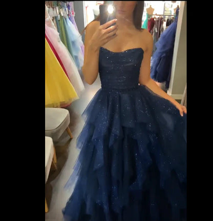 Classy Ball Gown Strapless Navy Blue Tulle Prom Dresses Party Dress 21st Birthday Outfits Senior Graduation Dress RB836