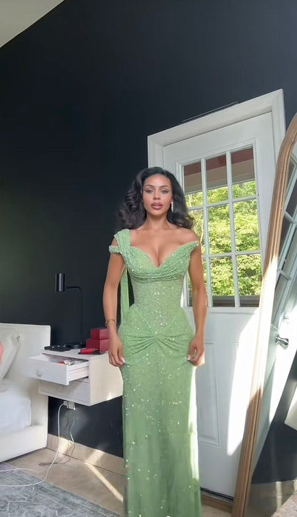 Shiny Mermaid Sweetheart Green Sequins Sleeveless Pleated Long Prom Dresses Inspo Prom Gown RB1378