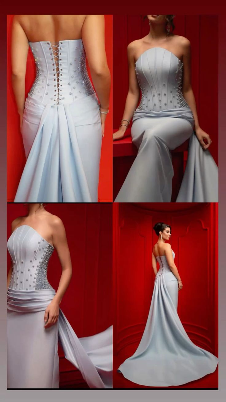 Sexy Mermaid Strapless Light Sky Blue Beads Sequins Sleeveless Pleated Long Prom Dresses Inspo Prom Gown RB1380
