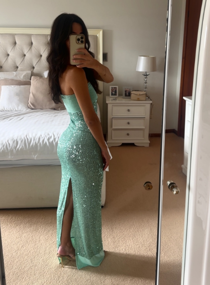 Shinning Mermaid Strapless Green Sequin Prom Dresses Party Dress 18th Birthday Outfits Graduation Dress RB1381