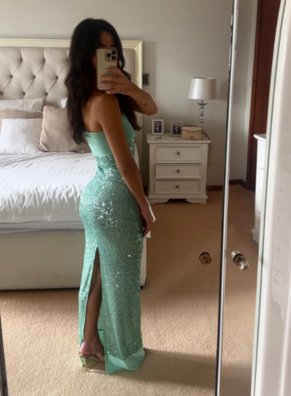 Shinning Mermaid Strapless Green Sequin Prom Dresses Party Dress 18th Birthday Outfits Graduation Dress RB1381