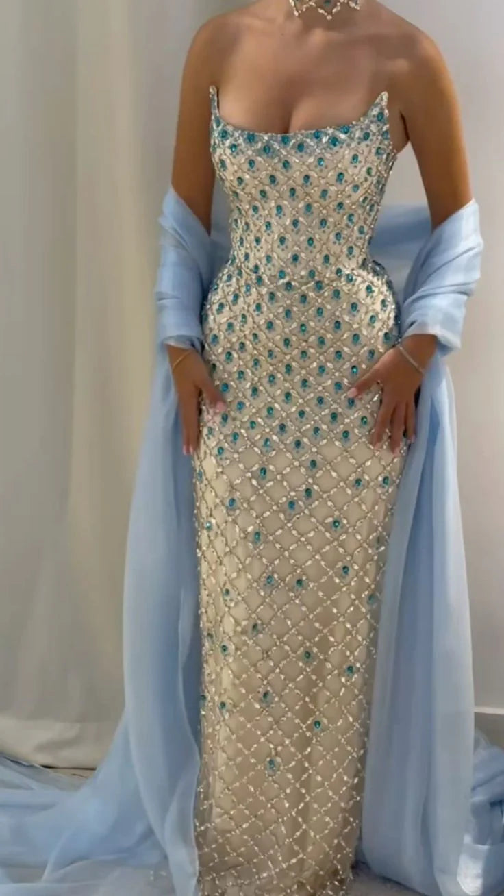 Modest Mermaid Strapless Blue Cape Sequin Long Prom Dresses Inspiration Prom Dress Senior Graduation Dress RB937
