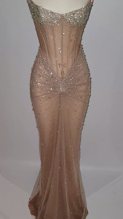 Sexy Mermaid Strapless Champagne Silver Beads Sequin Prom Dresses Party Dress 20th Birthday Outfits Graduation Dress RB1385