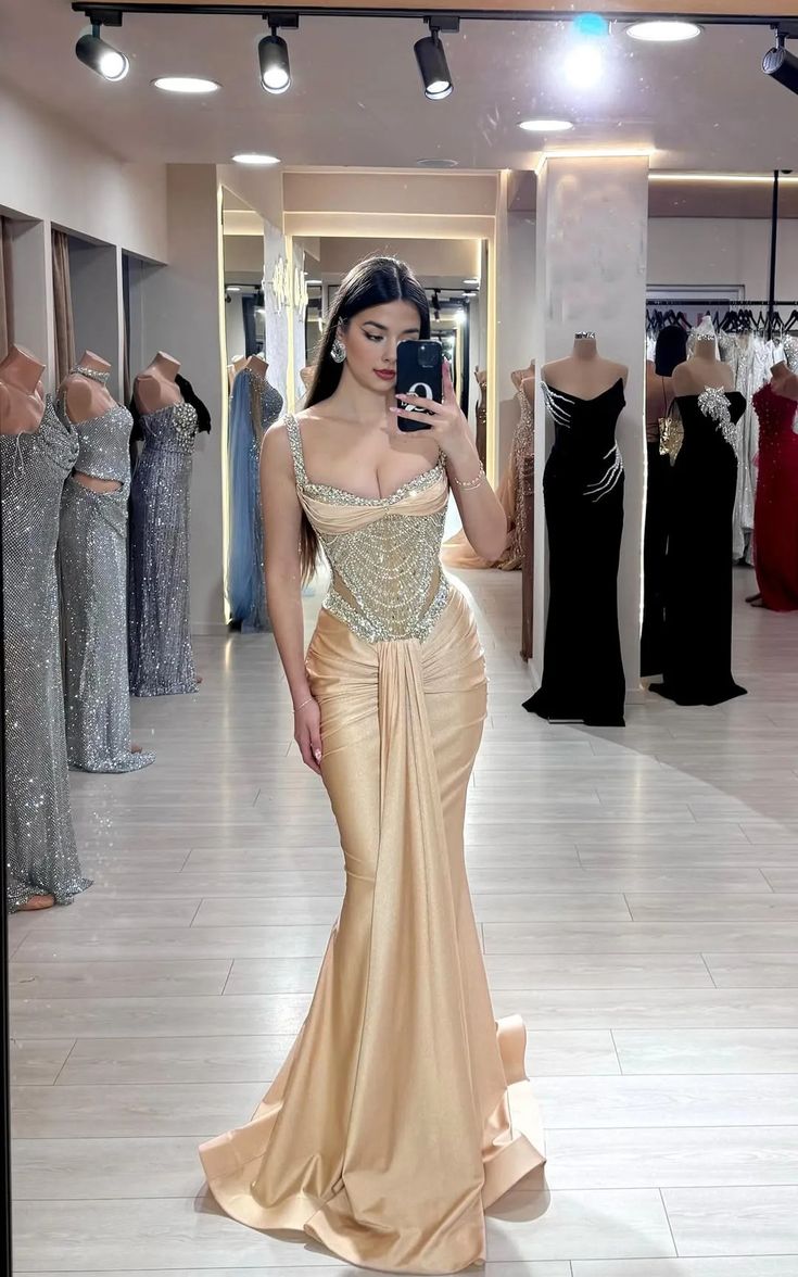 Chic Mermaid Square Neck Champagne Silver Beads Sequin Prom Dresses Party Dress 20th Birthday Outfits Graduation Dress RB1387