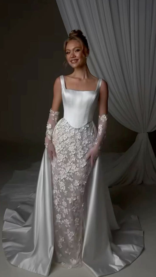 Timeless Mermaid Square Neck White Lace Appliqued Wedding Dress Long Bridal Gown Wedding Dresses RB1391