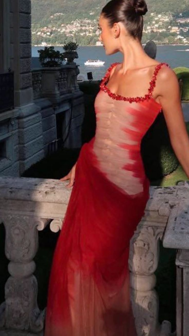 Classy Mermaid Square Neck Ombre Red White Multi Color Beaded Long Prom Dresses Inspo Glitter Prom Gown RB1395