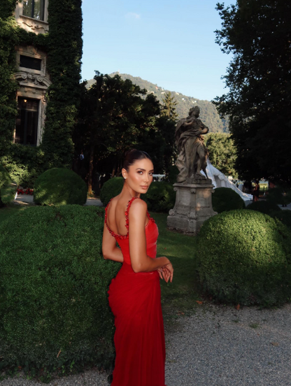 Classy Mermaid Square Neck Ombre Red White Multi Color Beaded Long Prom Dresses Inspo Glitter Prom Gown RB1395