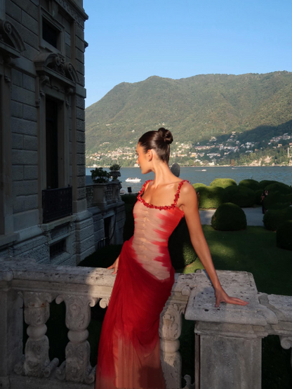 Classy Mermaid Square Neck Ombre Red White Multi Color Beaded Long Prom Dresses Inspo Glitter Prom Gown RB1395