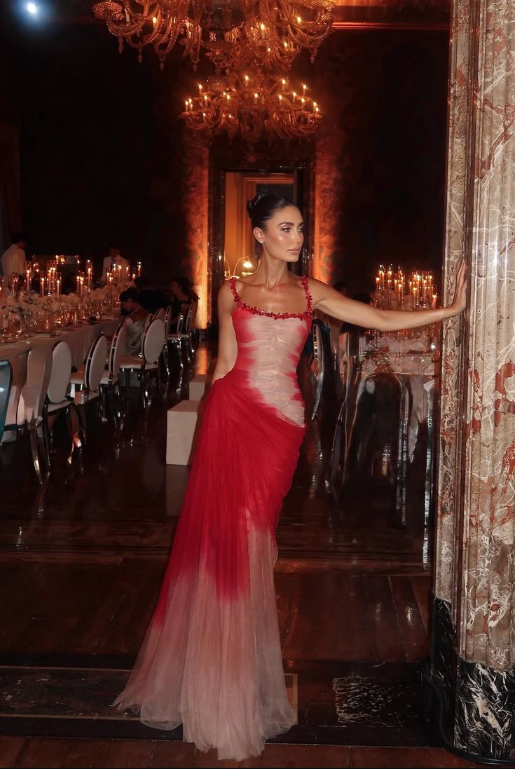 Classy Mermaid Square Neck Ombre Red White Multi Color Beaded Long Prom Dresses Inspo Glitter Prom Gown RB1395