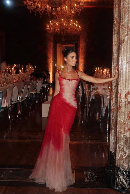 Classy Mermaid Square Neck Ombre Red White Multi Color Beaded Long Prom Dresses Inspo Glitter Prom Gown RB1395