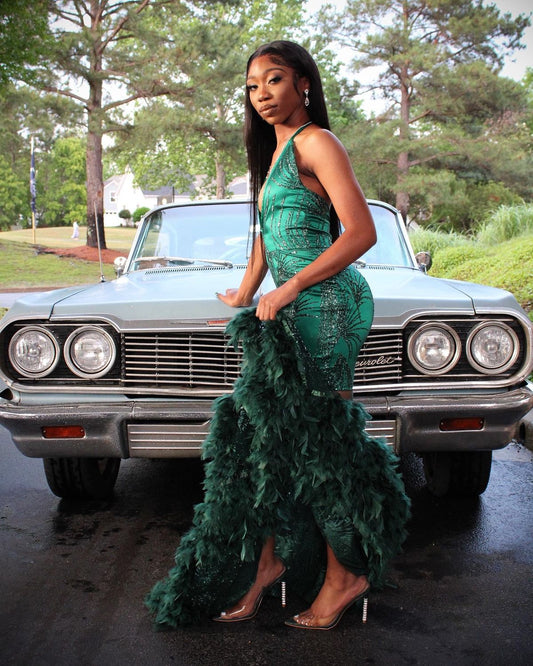 Special Mermaid Halter Dark Green Sequin Sleeveless Feathers Long Prom Dresses Inspo Prom Gown RB1396