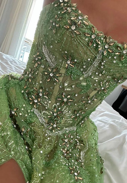 Classy Mermaid Square Neck Mint Green Sequin Beaded Long Prom Dresses Inspo Glitter Prom Gown RB1397