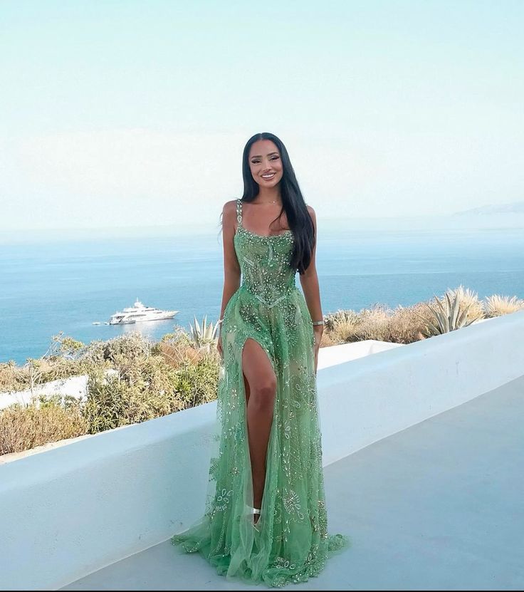 Classy Mermaid Square Neck Mint Green Sequin Beaded Long Prom Dresses Inspo Glitter Prom Gown RB1397