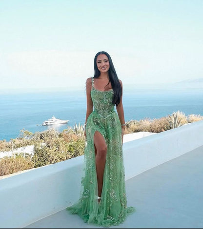 Classy Mermaid Square Neck Mint Green Sequin Beaded Long Prom Dresses Inspo Glitter Prom Gown RB1397