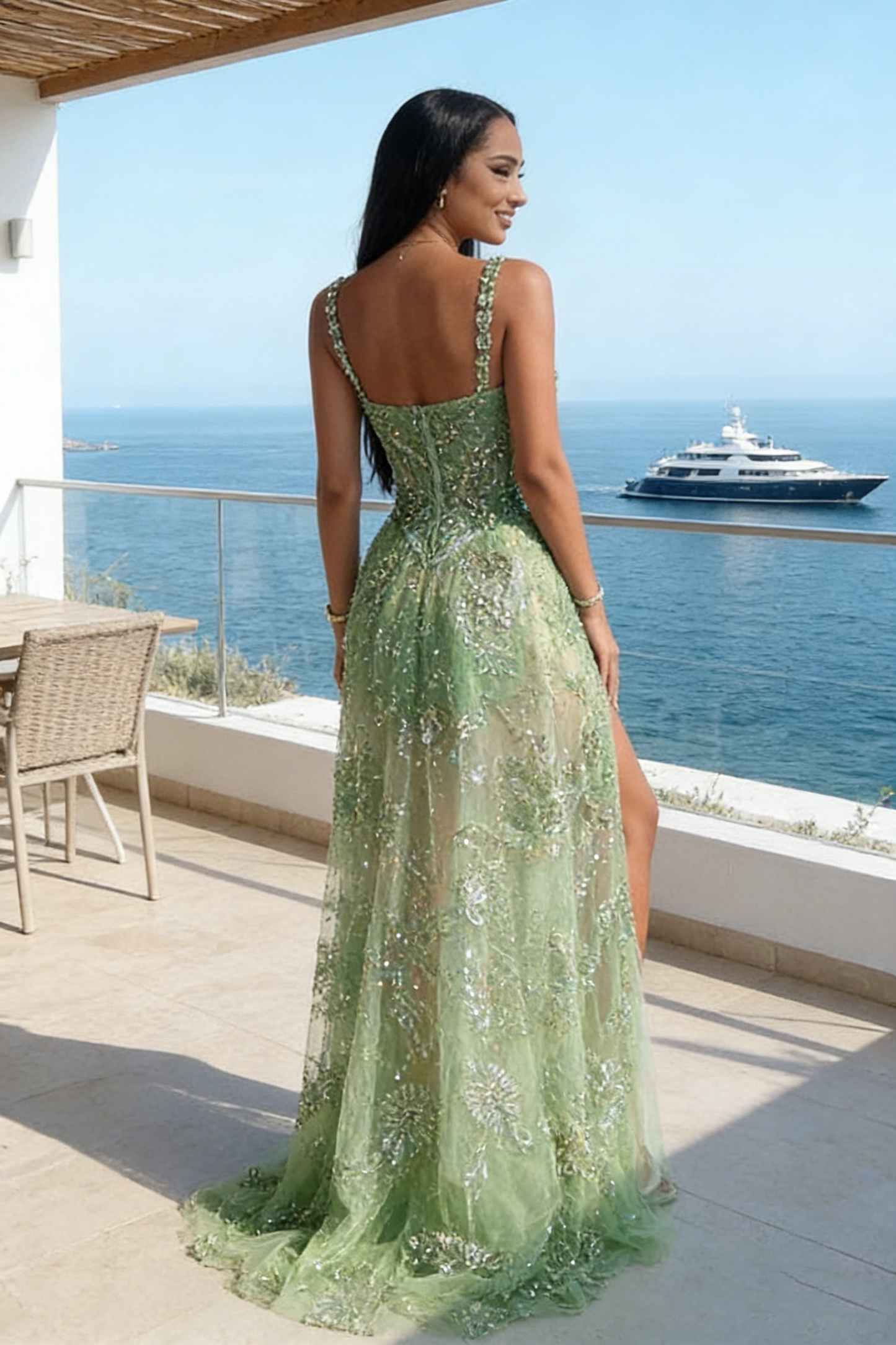 Classy Mermaid Square Neck Mint Green Sequin Beaded Long Prom Dresses Inspo Glitter Prom Gown RB1397